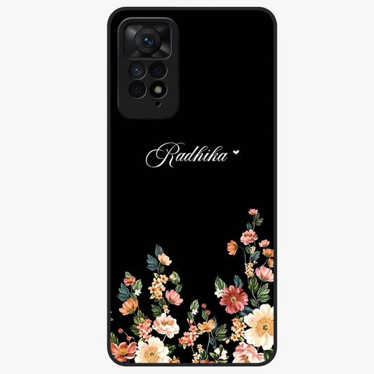 Floral Design With a Custom Personalized Name Glass Case showing flat back view with floral artwork and personalized name design.