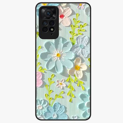 Frosted Petal Garden Glass Case showing flat back view with soft frosted floral artwork and glossy glass finish.