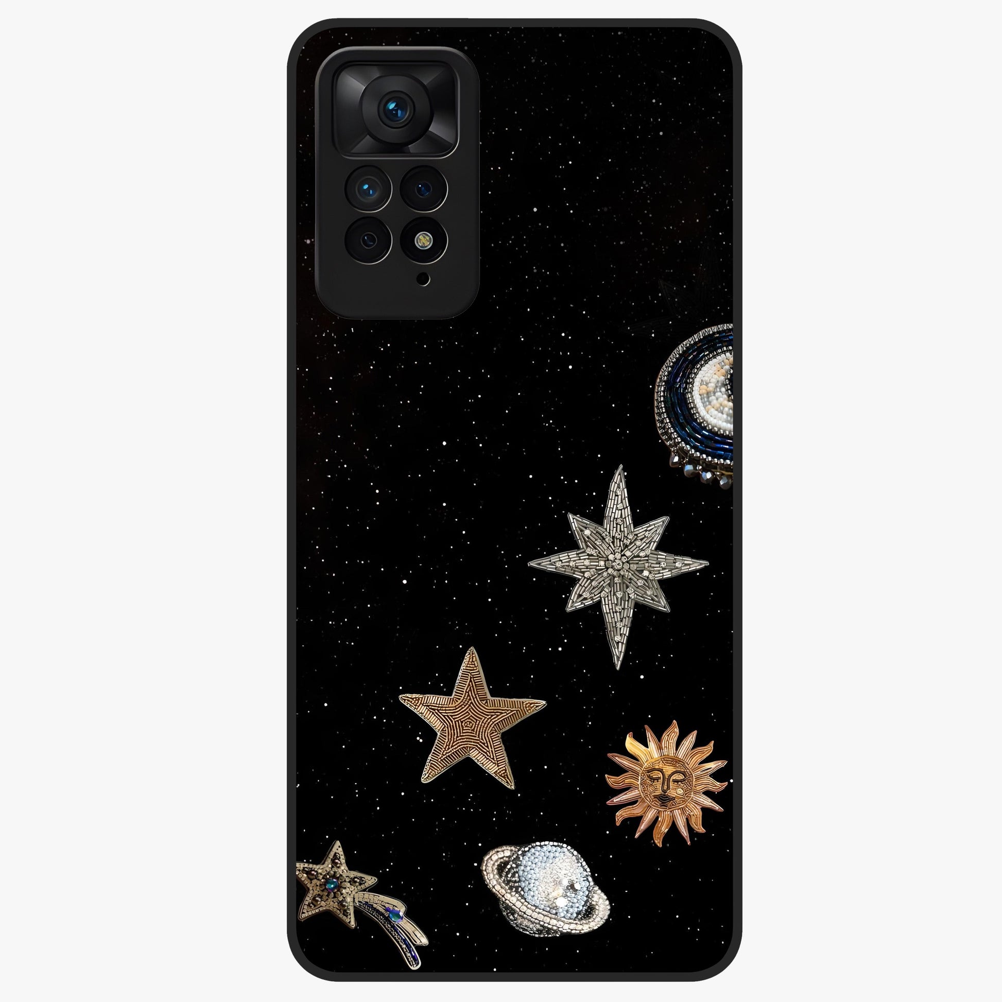 Galactic Charm Glow Glass Case showing flat back view with glowing celestial charm artwork and glossy glass finish.
