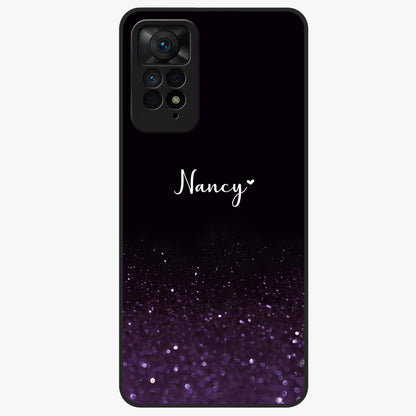 Glittery Purple Bokeh Custom Name Glass Case showing flat back view with purple bokeh sparkle artwork and personalized name design.