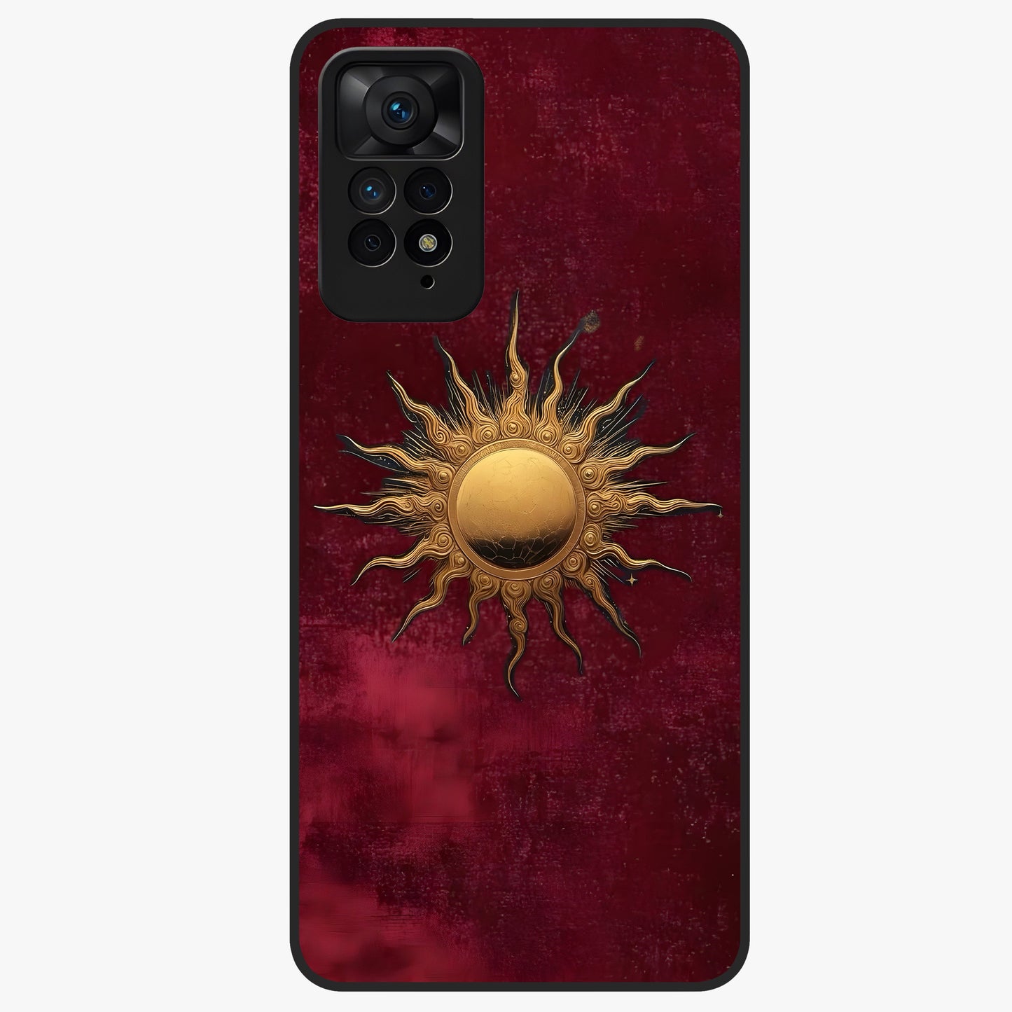 Gold Sun Blush Glass Case showing flat back view with golden sun inspired artwork and glossy glass finish.