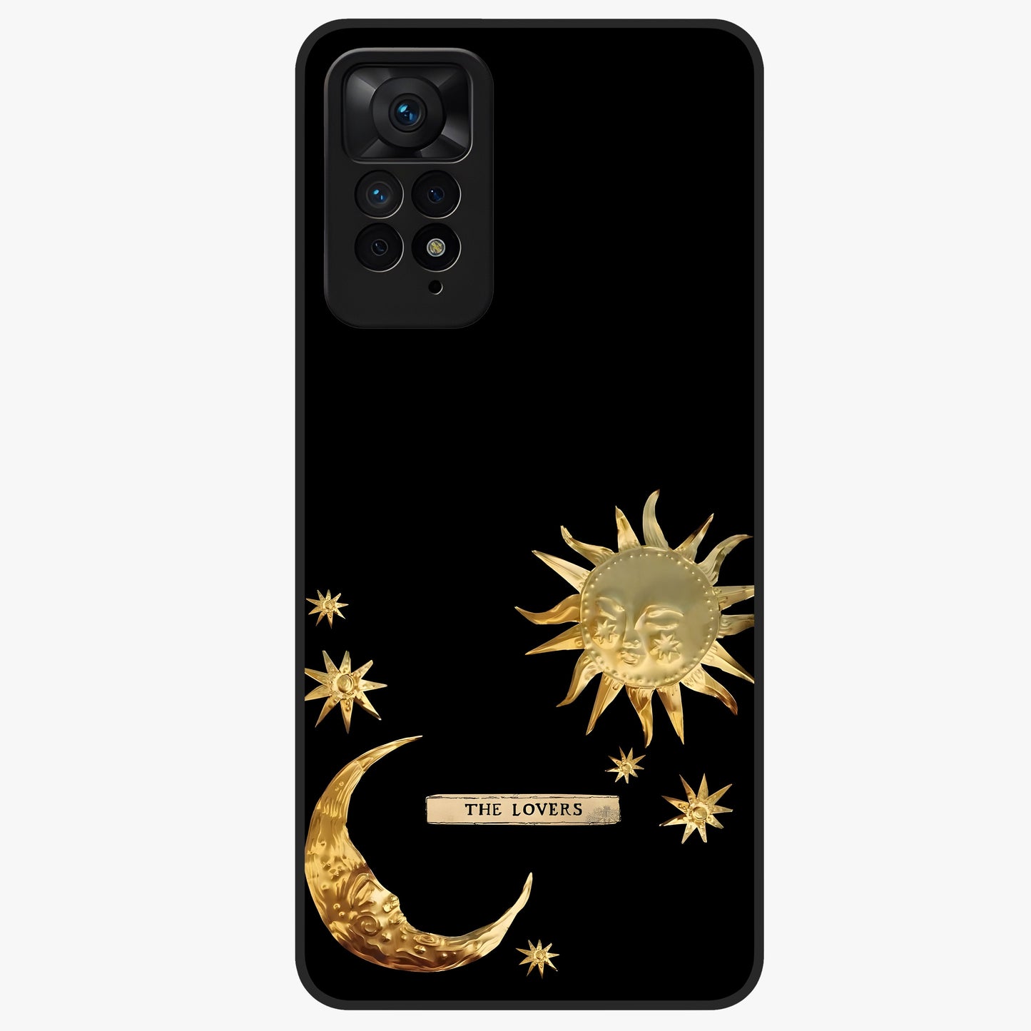 Golden Celestial Charm Glass Case showing flat back view with golden celestial charm artwork and glossy glass finish.