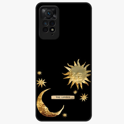 Golden Celestial Charm Glass Case showing flat back view with golden celestial charm artwork and glossy glass finish.