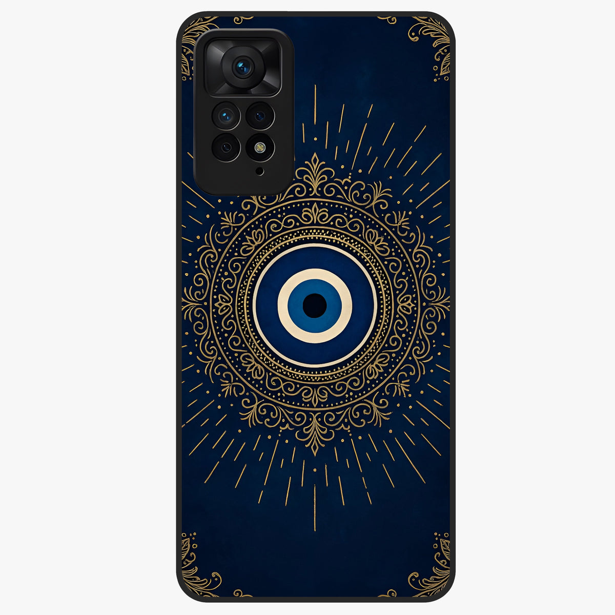 Golden Evil Eye Mandala Glass Case showing flat back view with intricate evil eye mandala artwork and glossy glass finish.