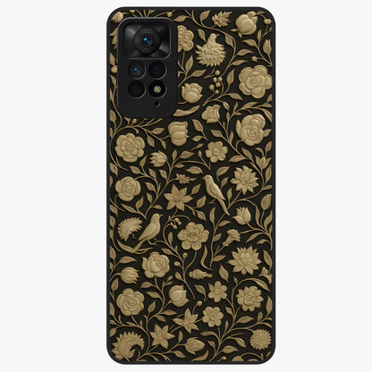 Golden Floral Majesty Glass Case showing flat back view with luxurious golden floral artwork and glossy glass finish.