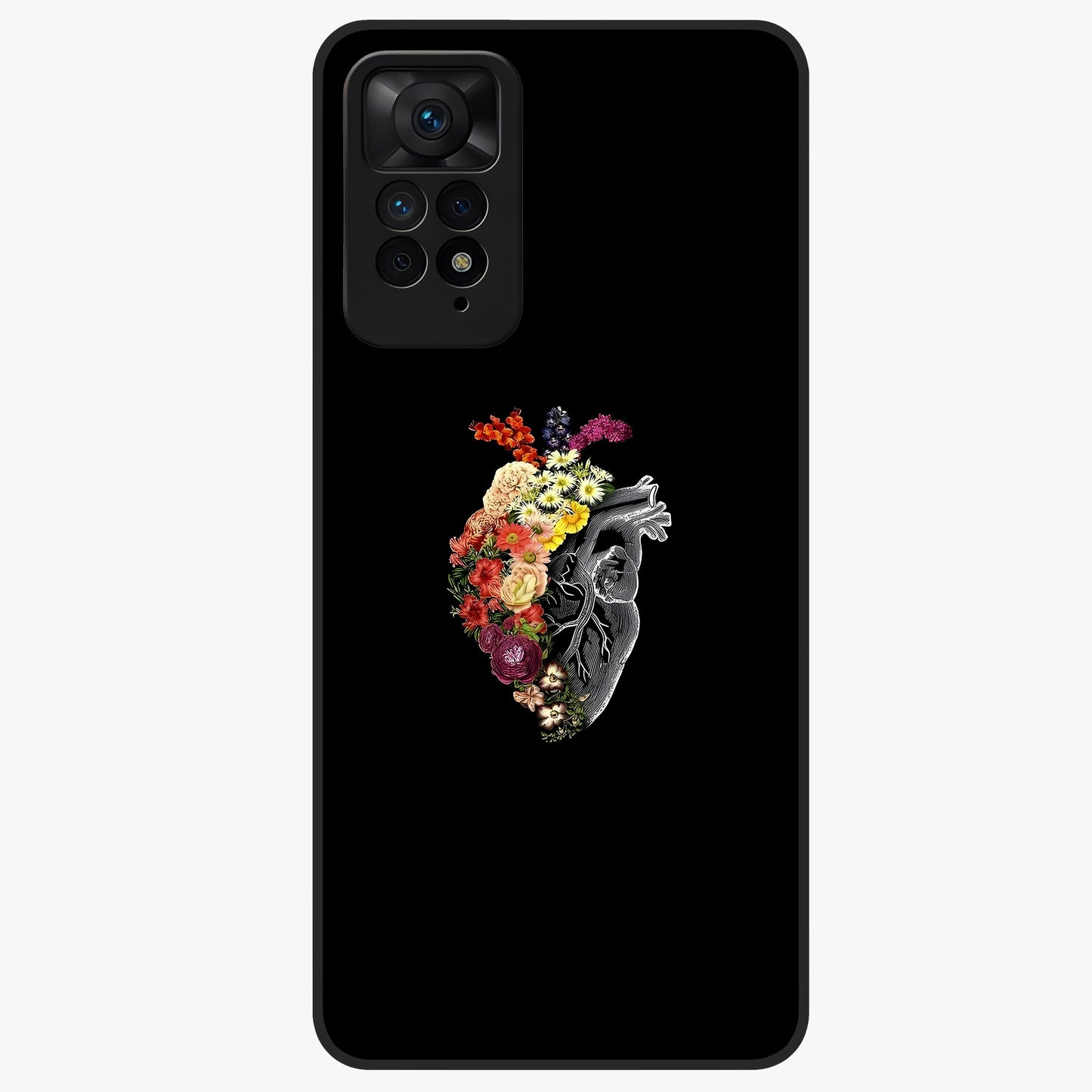 Heart With Flowers Glass Case showing flat back view with heart shaped floral artwork and glossy glass finish.