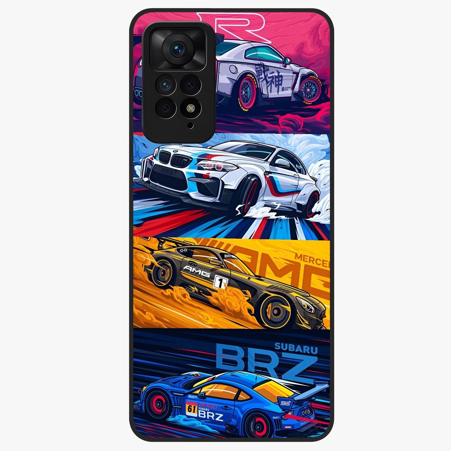 JDM Sports Car Glass Case showing flat back view with high performance sports car artwork and glossy glass finish.
