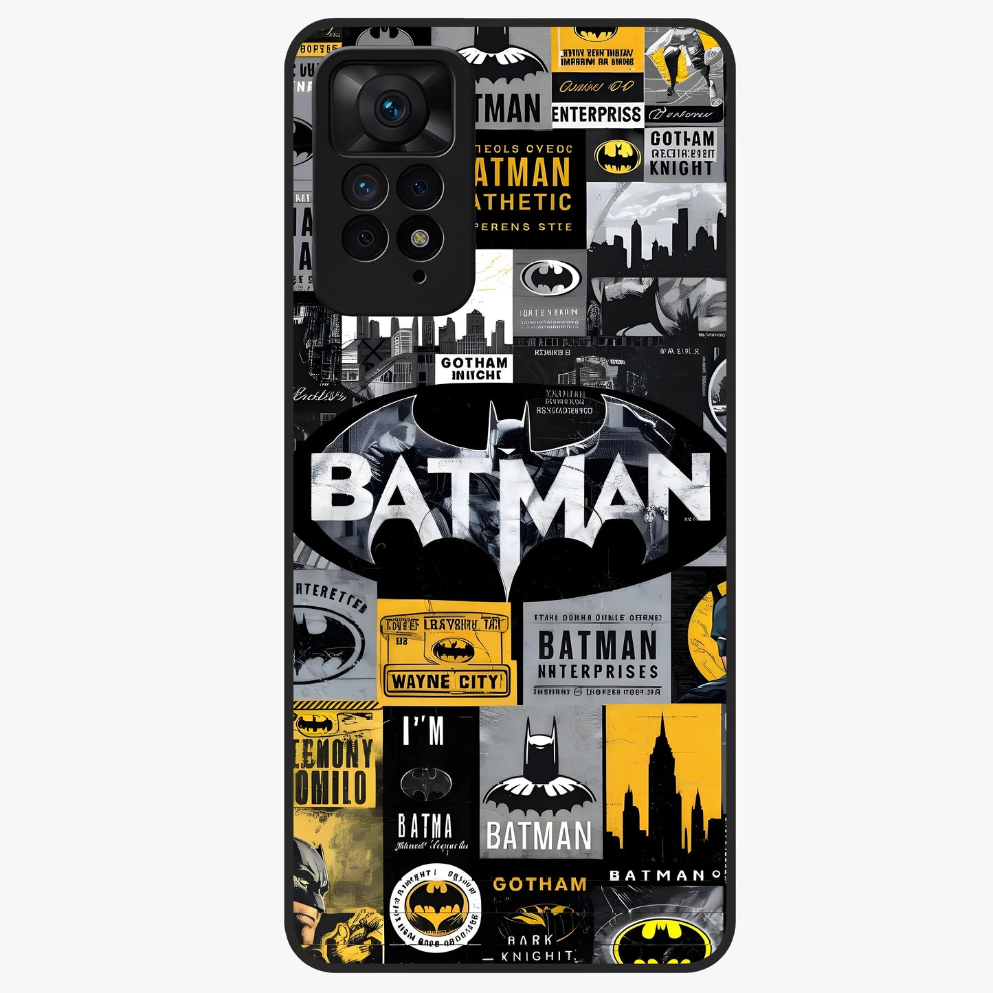 Knight Gotham Rise Glass Case showing flat back view with dark hero inspired artwork and glossy glass finish.