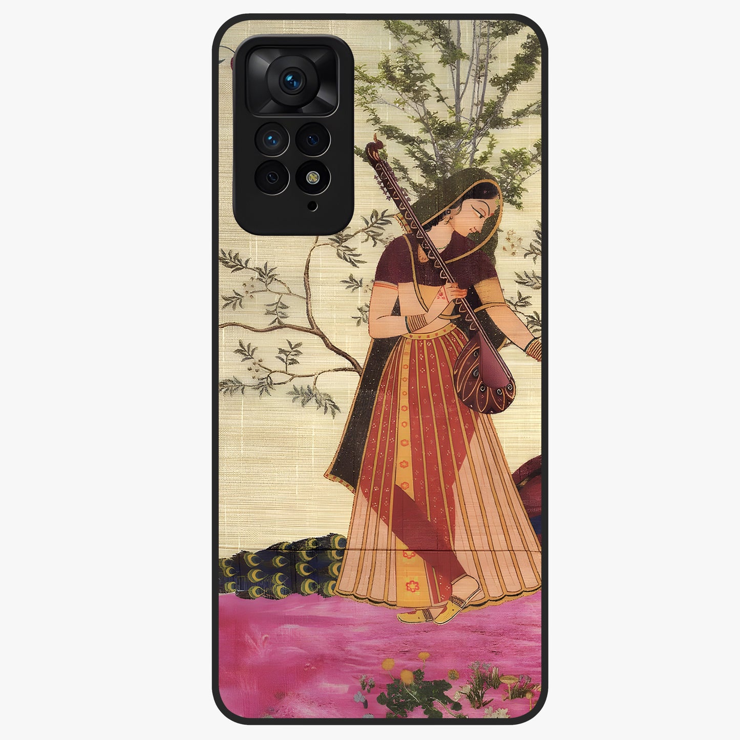 Lady With Veena Art Glass Case showing flat back view with elegant woman playing veena artwork and glossy glass finish.