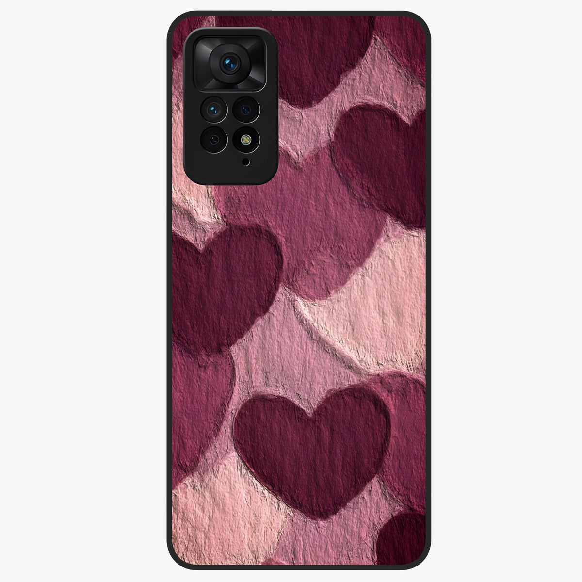 Layered Paper Hearts Glass Case showing flat back view with layered paper heart artwork and glossy glass finish.