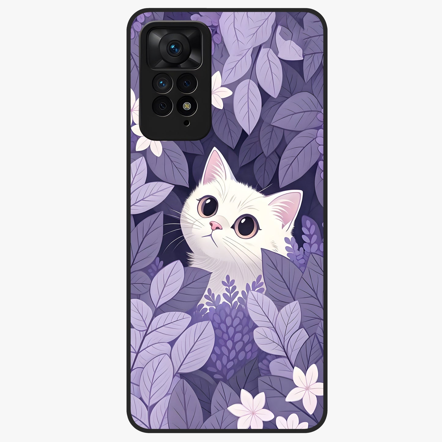 Lilac Hide Peek Cat Glass Case showing flat back view with cute peeking cat artwork and glossy glass finish.