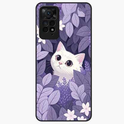 Lilac Hide Peek Cat Glass Case showing flat back view with cute peeking cat artwork and glossy glass finish.