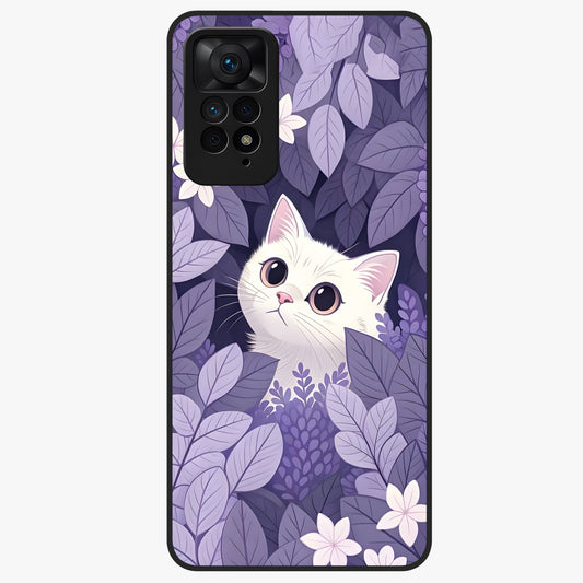 Lilac Hide Peek Cat Glass Case showing flat back view with cute peeking cat artwork and glossy glass finish.