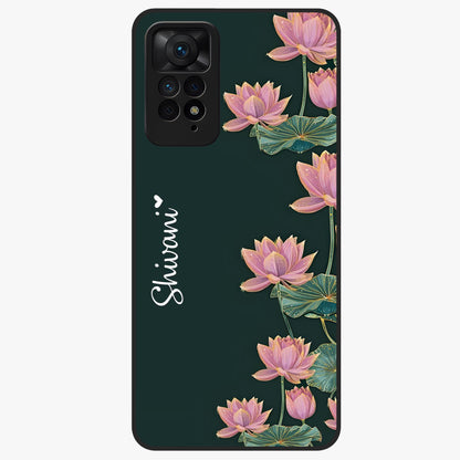 Lotus Bloom Serenity Custom Name Glass Case showing flat back view with elegant lotus flower artwork and personalized name design.