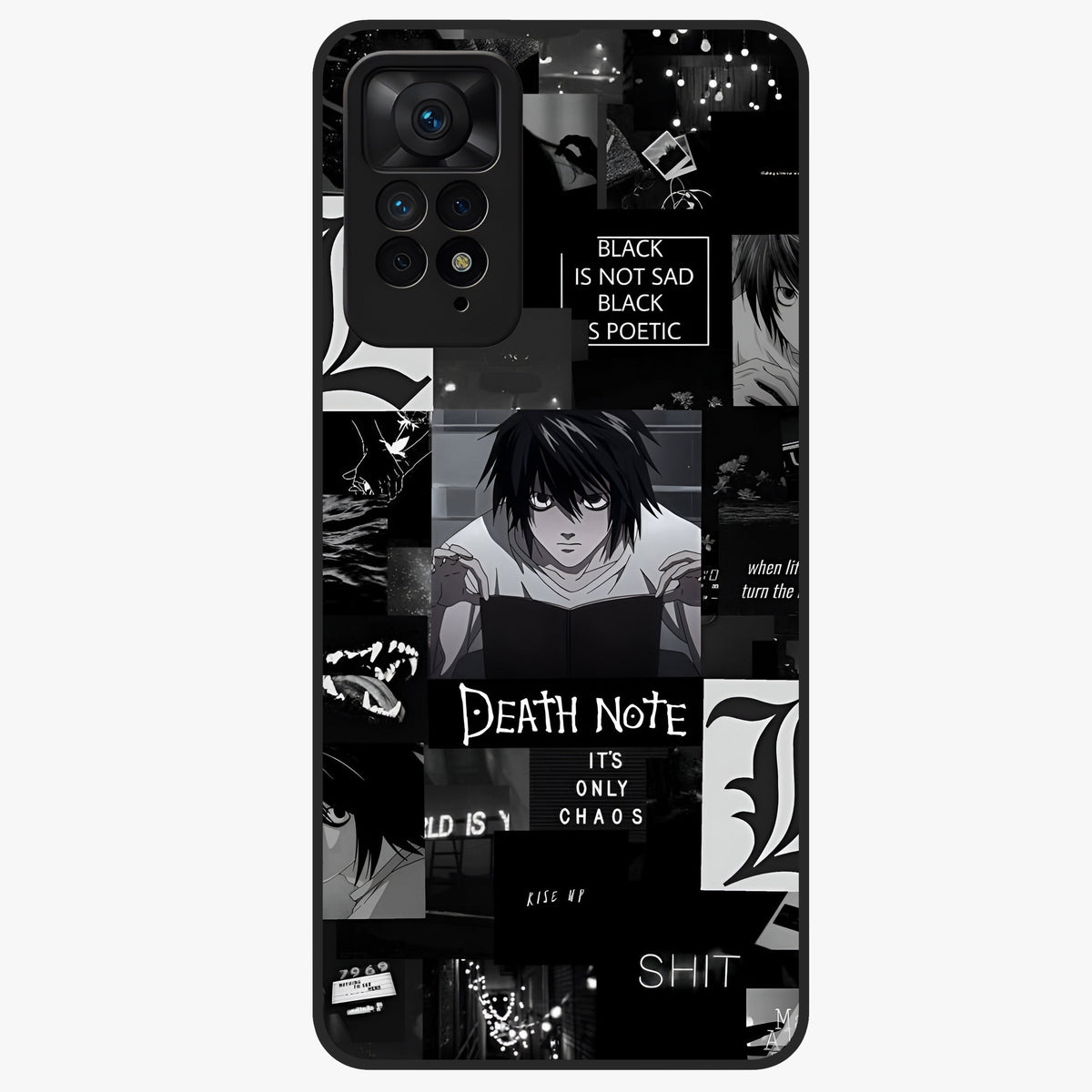 Midnight Chaos Mind Glass Case showing flat back view with abstract dark themed artwork and glossy glass finish.