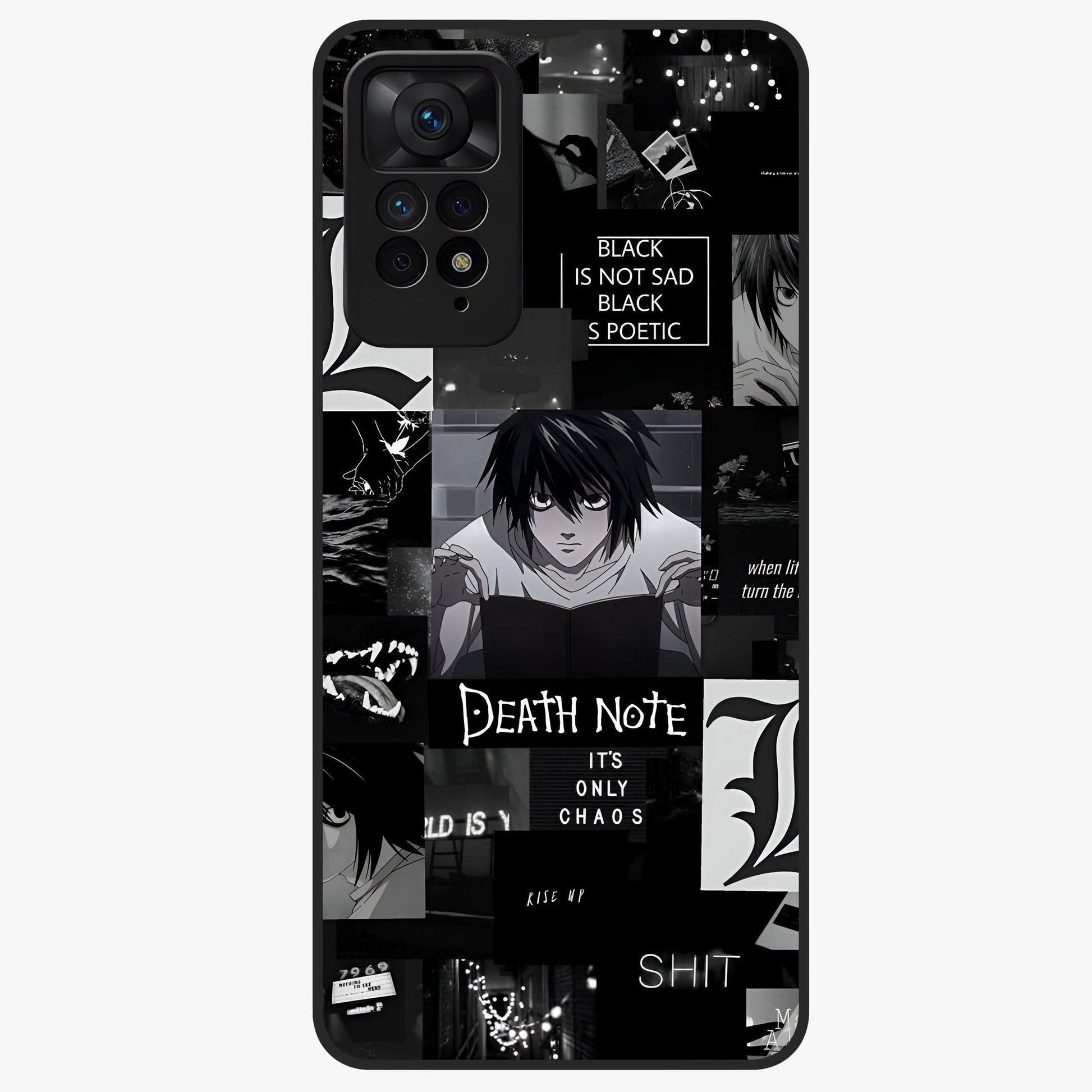 Midnight Chaos Mind Glass Case showing flat back view with abstract dark themed artwork and glossy glass finish.