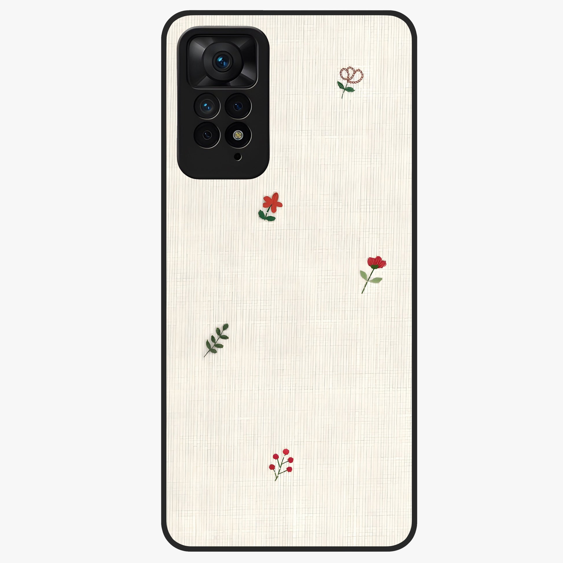 Minimal Petal Whispers Glass Case showing flat back view with soft minimal floral artwork and glossy glass finish.