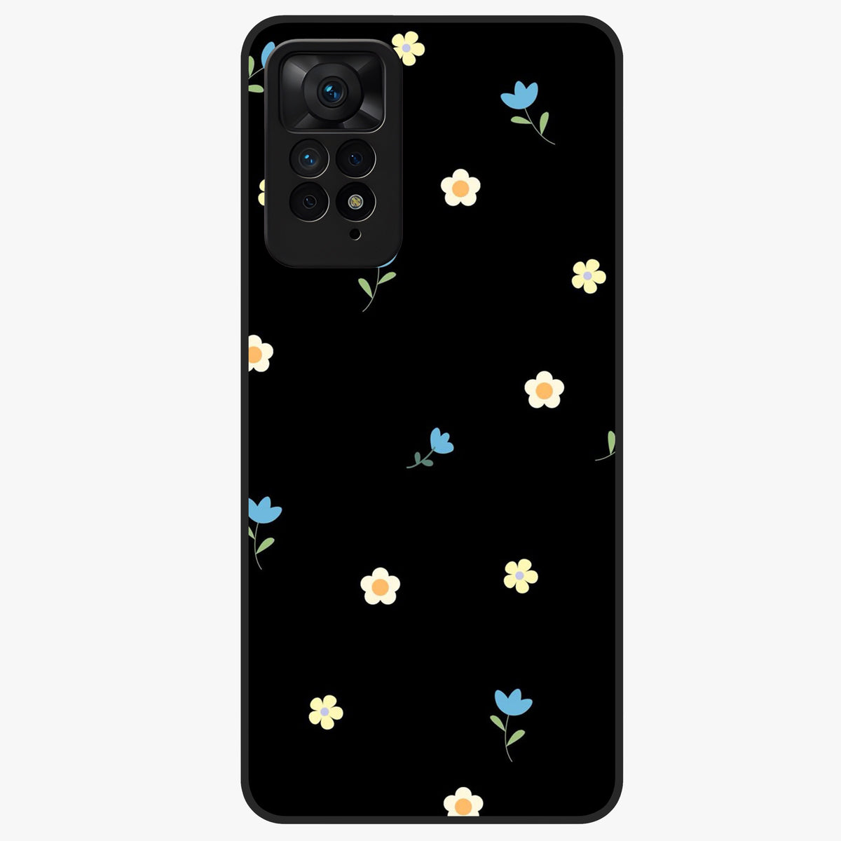 Minimalistic Blue With White Flower Pattern Glass Case showing flat back view with blue background and white flower pattern and glossy glass finish.