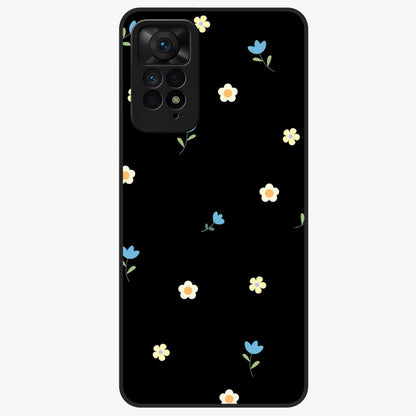 Minimalistic Blue With White Flower Pattern Glass Case showing flat back view with blue background and white flower pattern and glossy glass finish.