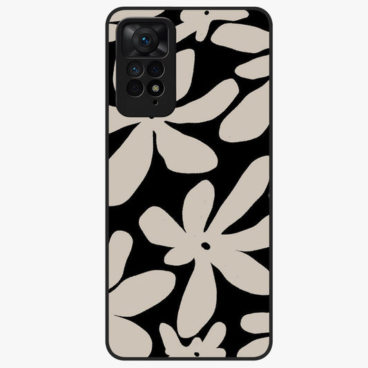 Monochrome Petal Dance Glass Case showing flat back view with monochrome floral artwork and glossy glass finish.
