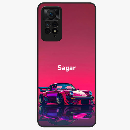 Neon Pink Porsche Glass Case showing flat back view with stylish sports car artwork and glossy glass finish.