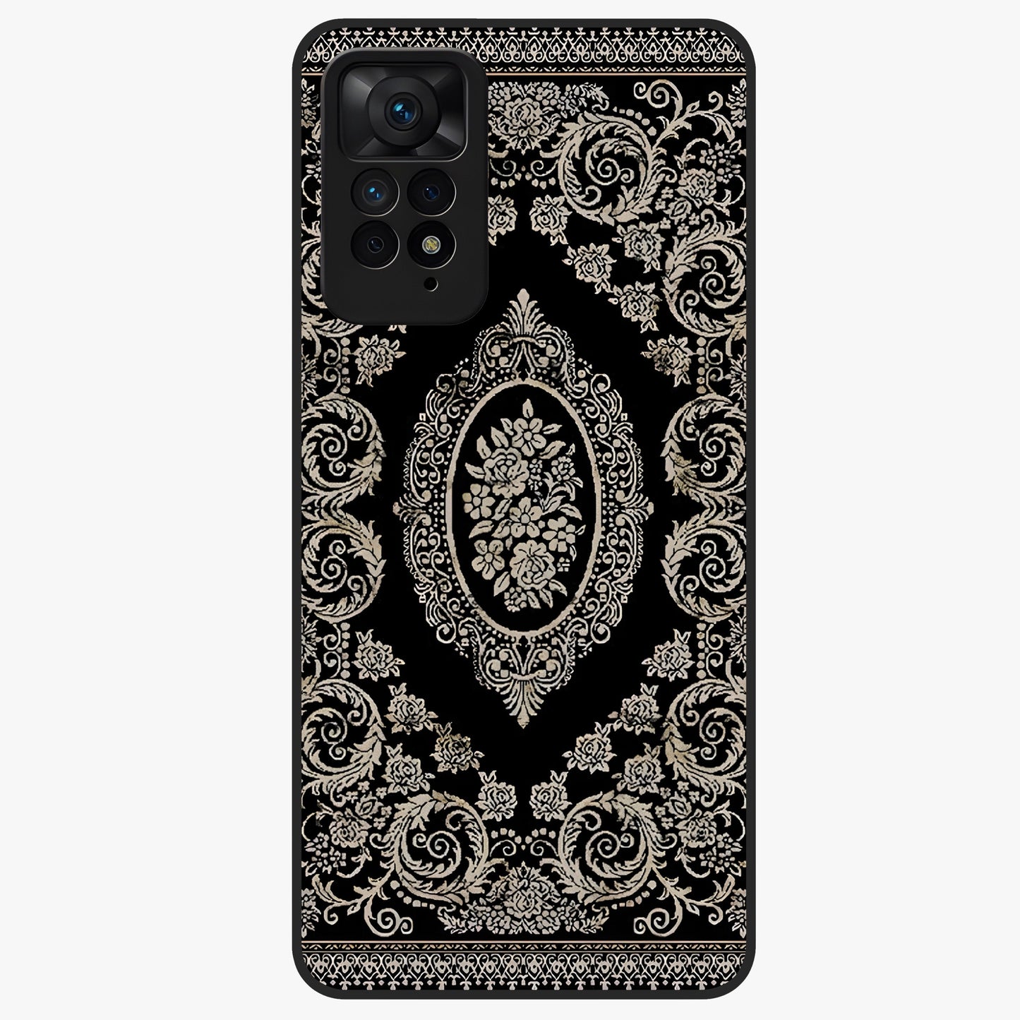 Noir Bloom Elegance Glass Case showing flat back view with elegant dark floral artwork and glossy glass finish.