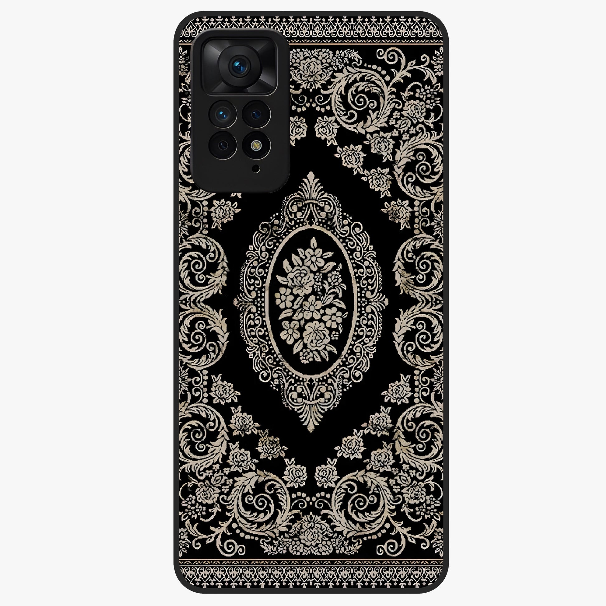Noir Bloom Elegance Glass Case showing flat back view with elegant dark floral artwork and glossy glass finish.