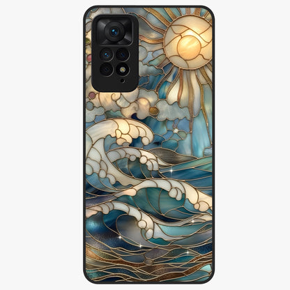 Oceanic Stained Printed Glass Case showing flat back view with ocean inspired stained pattern artwork and glossy glass finish.