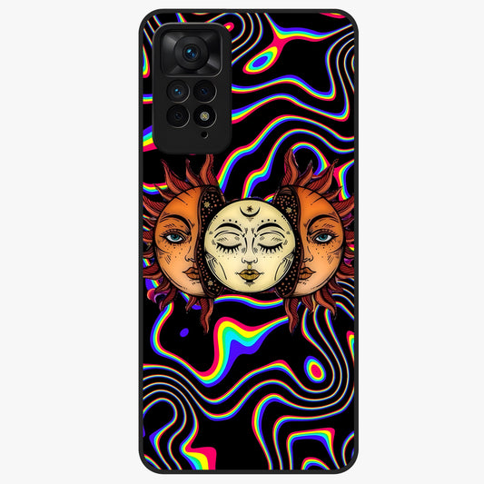 Psychedelic Sun Glass Case showing flat back view with colorful psychedelic sun artwork and glossy glass finish.