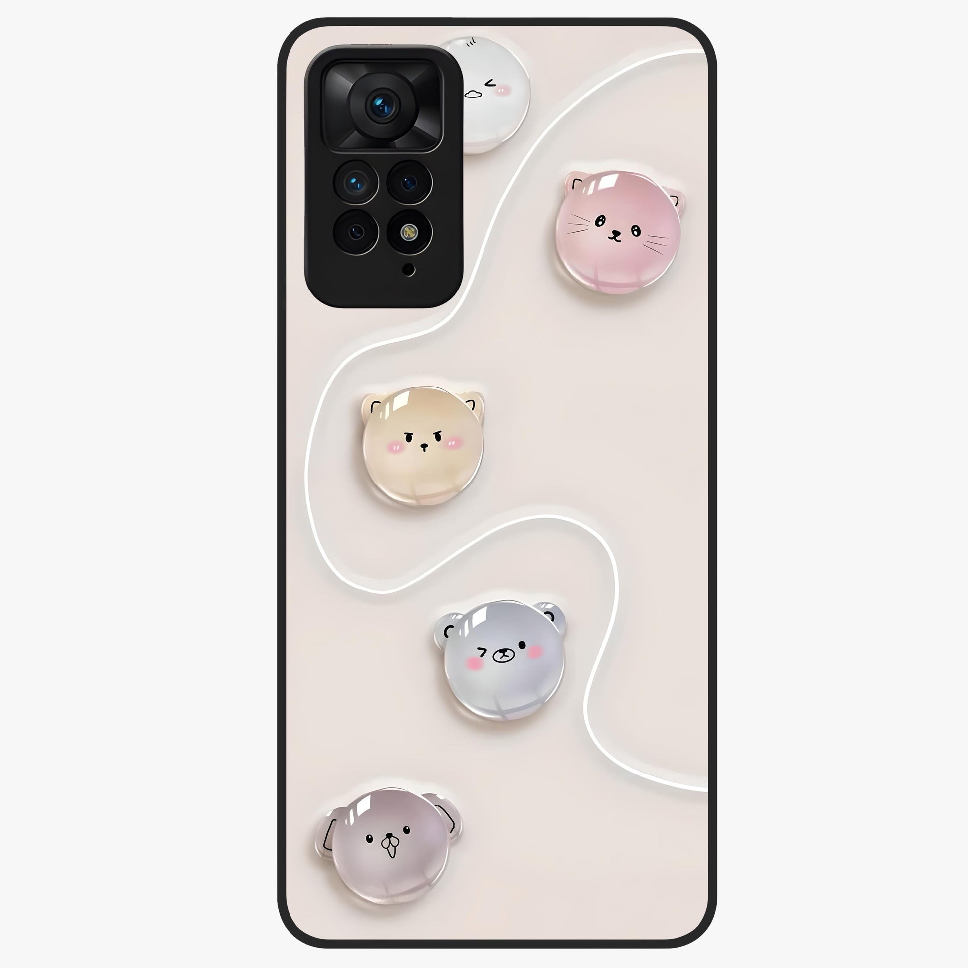 Puffy Face Parade Glass Case showing flat back view with cute puffy character faces artwork and glossy glass finish.