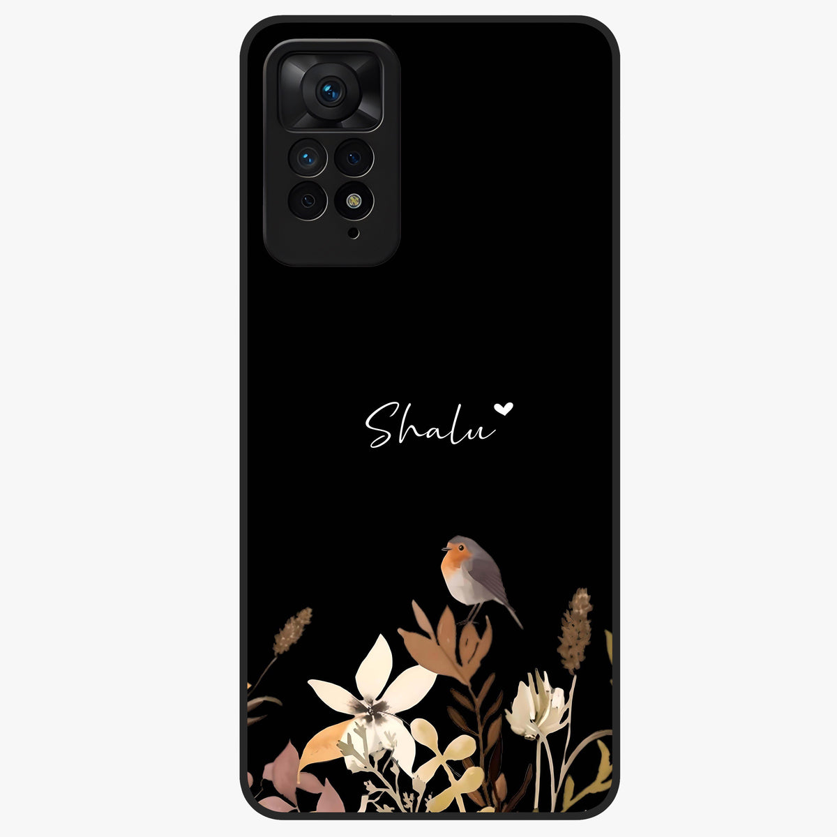 Quiet Garden Tune Custom Name Glass Case showing flat back view with peaceful garden artwork and personalized name design.