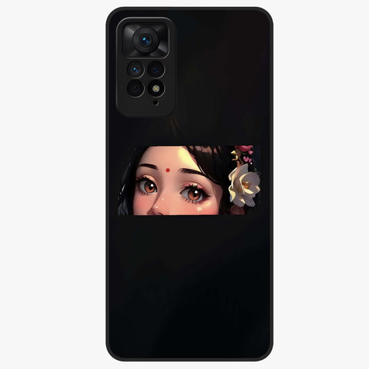 Radha Divine Embrace Glass Case showing flat back view with devotional Radha artwork and glossy glass finish.