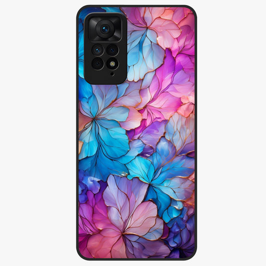 Radiant Floral Whirl Glass Case showing flat back view with swirling floral artwork and glossy glass finish.