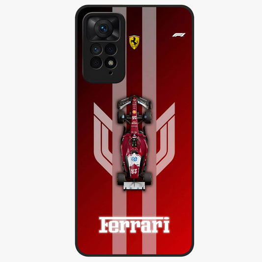 Red Ferrari F1 Vertical Glass Case showing flat back view with sleek Formula racing car artwork and glossy glass finish.