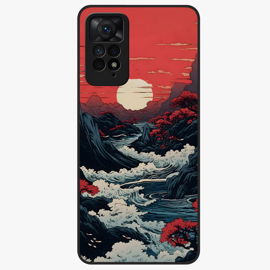 Red Sunset Scenery Glass Case showing flat back view with vibrant sunset landscape artwork and glossy glass finish.