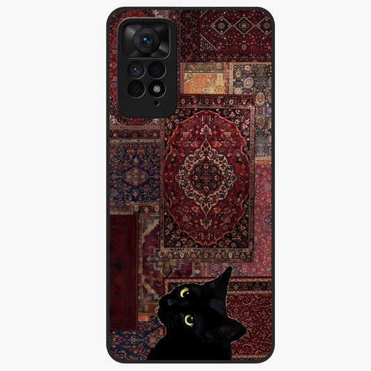 Regal Magic Cat Apple Glass Case showing flat back view with magical cat artwork holding apple and glossy glass finish.