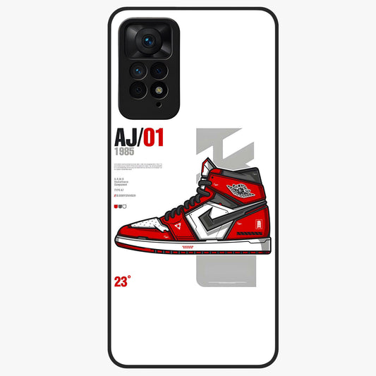Retro Sneaker Blueprint Glass Case showing flat back view with sneaker blueprint style artwork and glossy glass finish.
