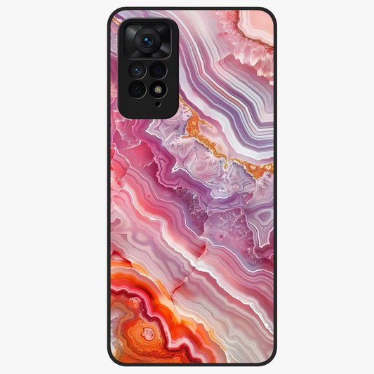 Rose Quartz Marble Glass Case showing flat back view with pink marble quartz texture artwork and glossy glass finish.