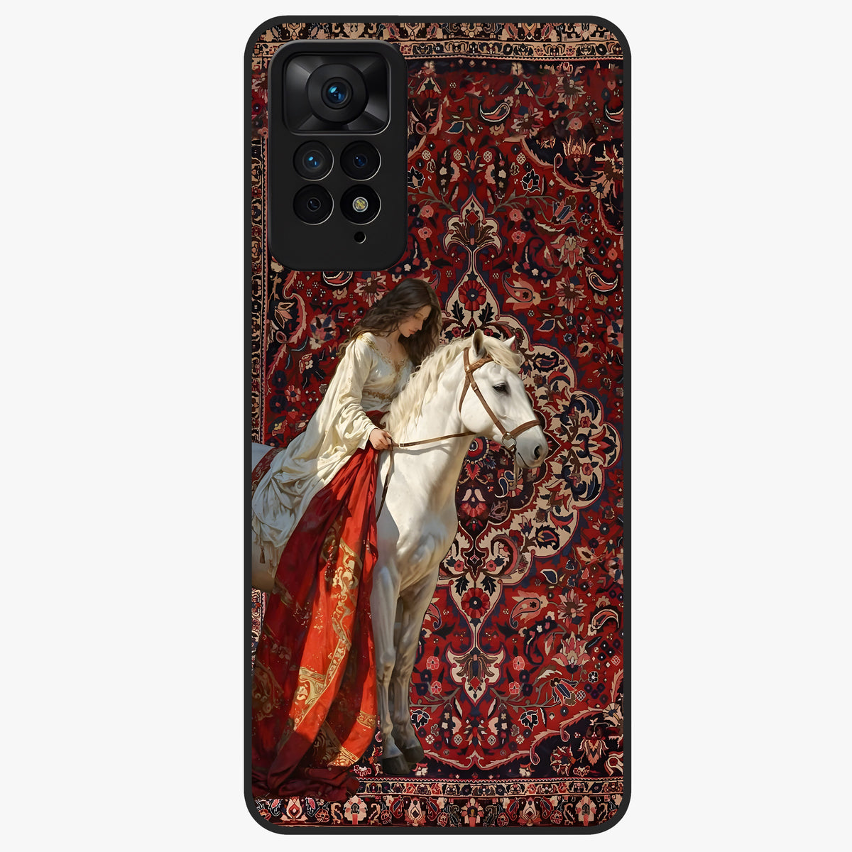 Royal Rider Tapestry Glass Case showing flat back view with majestic horse rider tapestry artwork and glossy glass finish.
