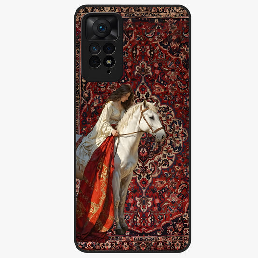 Royal Rider Tapestry Glass Case showing flat back view with majestic horse rider tapestry artwork and glossy glass finish.