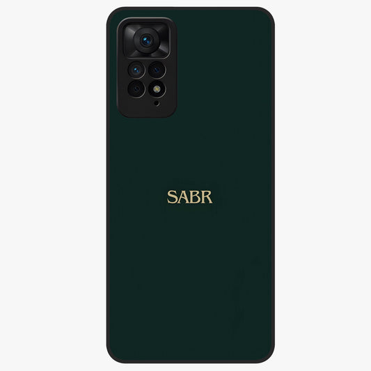 Sabr Minimal Patience Glass Case showing flat back view with minimalist typography artwork and glossy glass finish.