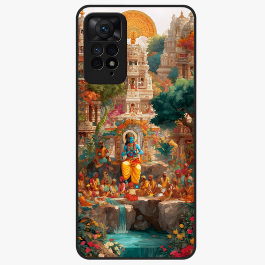 Sacred Sunlight Gods Glass Case showing flat back view with divine sunlight themed artwork and glossy glass finish.
