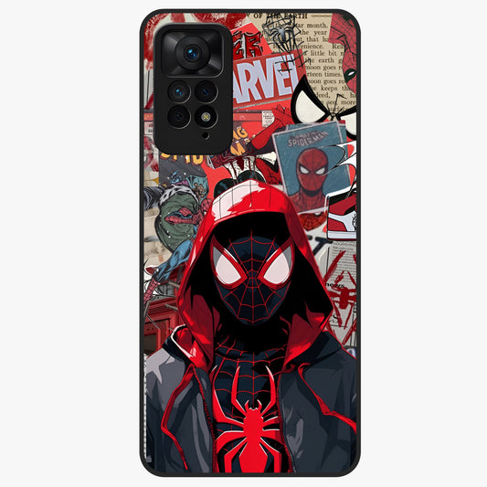 Spider Collage Street Glass Case showing flat back view with vibrant superhero collage artwork and glossy glass finish.