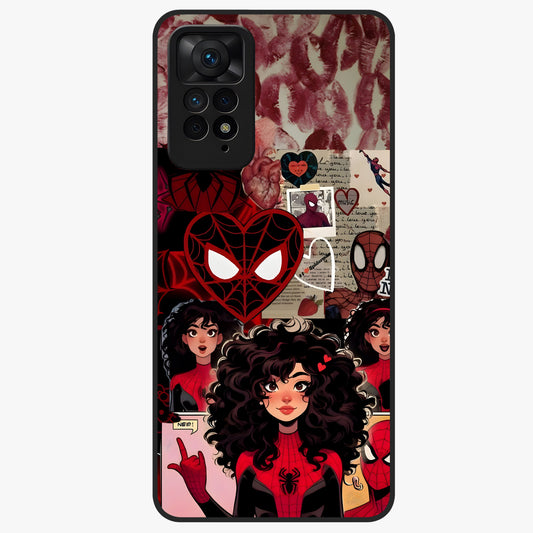 Spider Love Story Glass Case showing flat back view with romantic superhero themed artwork and glossy glass finish.