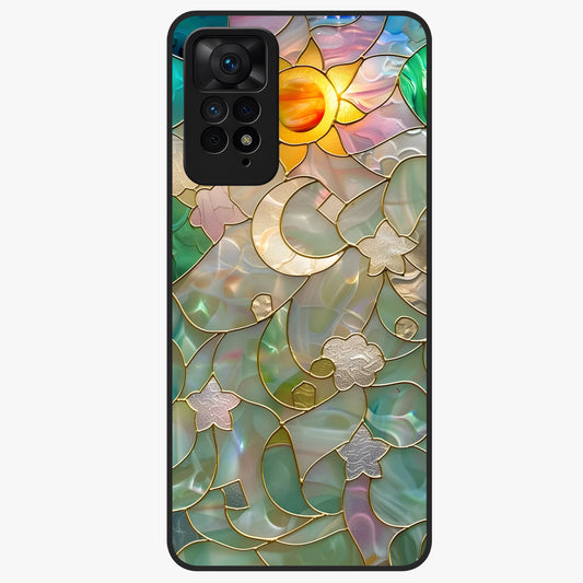 Stained Sunrise Glow Glass Case showing flat back view with glowing sunrise stained pattern artwork and glossy glass finish.