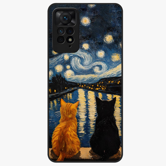 Starry River Cats Glass Case showing flat back view with cats by a starry river artwork and glossy glass finish.