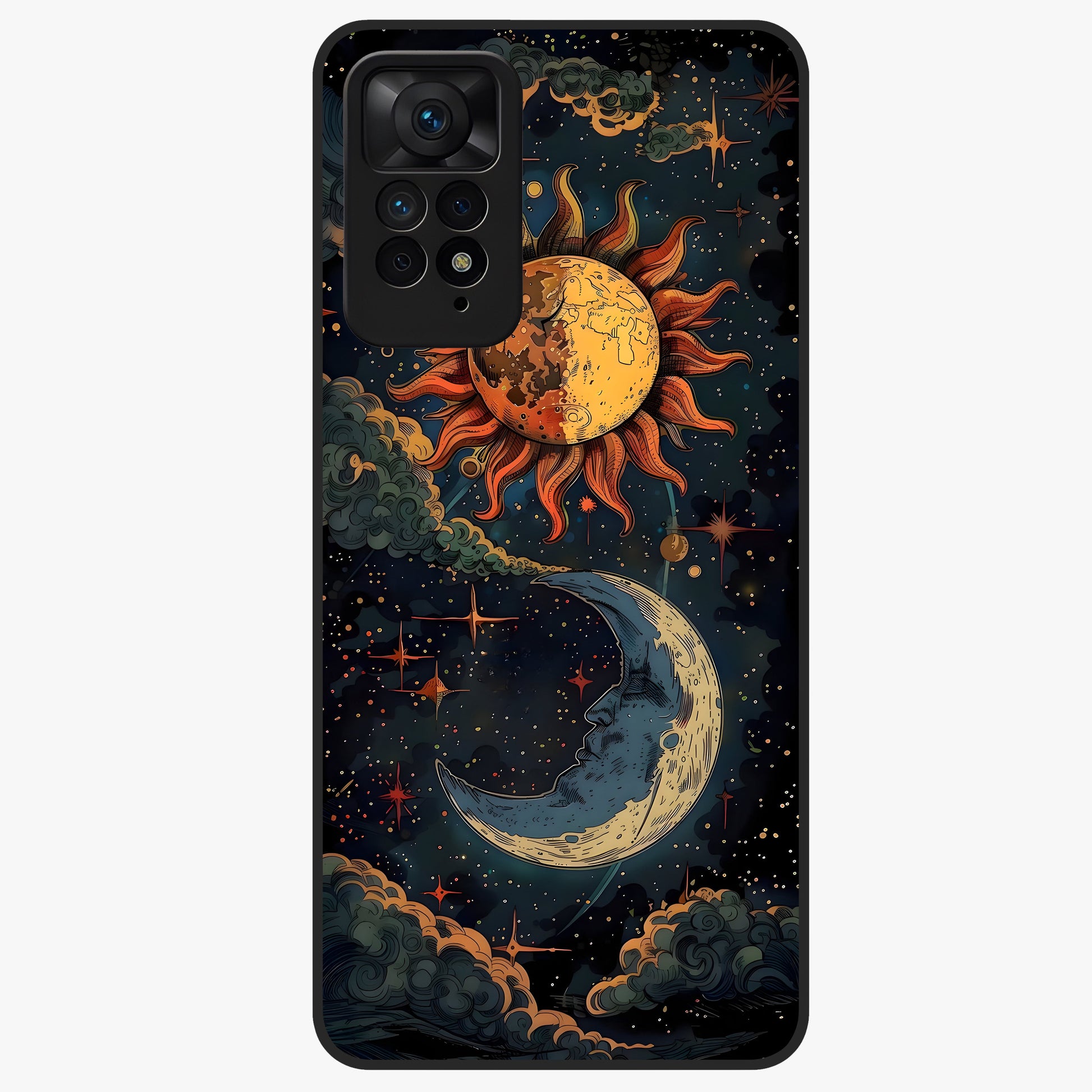 Sun And Moon Magic Design Glass Case showing flat back view with mystical sun and moon artwork and glossy glass finish.