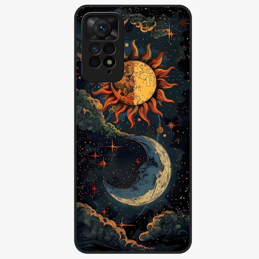 Sun And Moon Magic Design Glass Case showing flat back view with mystical sun and moon artwork and glossy glass finish.