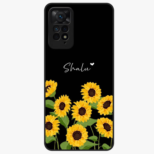 Sunflower Chic Mood Custom Name Glass Case showing flat back view with stylish sunflower artwork and personalized name design.