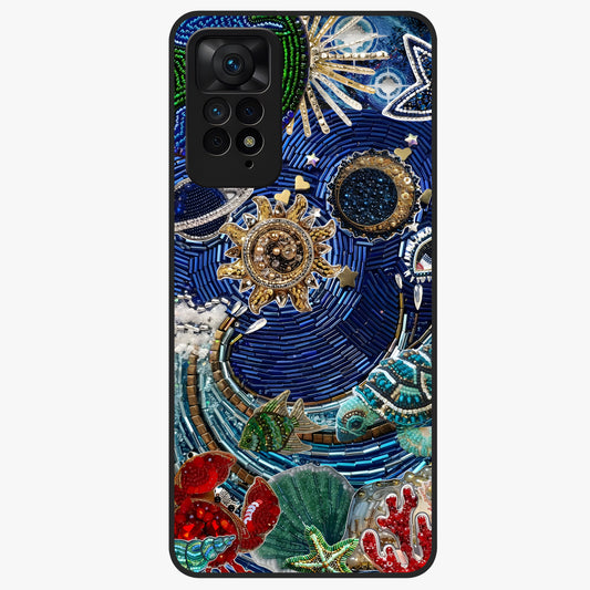 Universe Underwater Spark Glass Case showing flat back view with cosmic underwater themed artwork and glossy glass finish.
